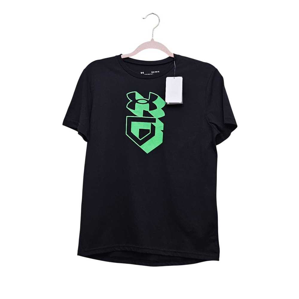 Under Armour T-Shirt Kids Youth S Black Green Graphic Logo Athletic Tee Baseball